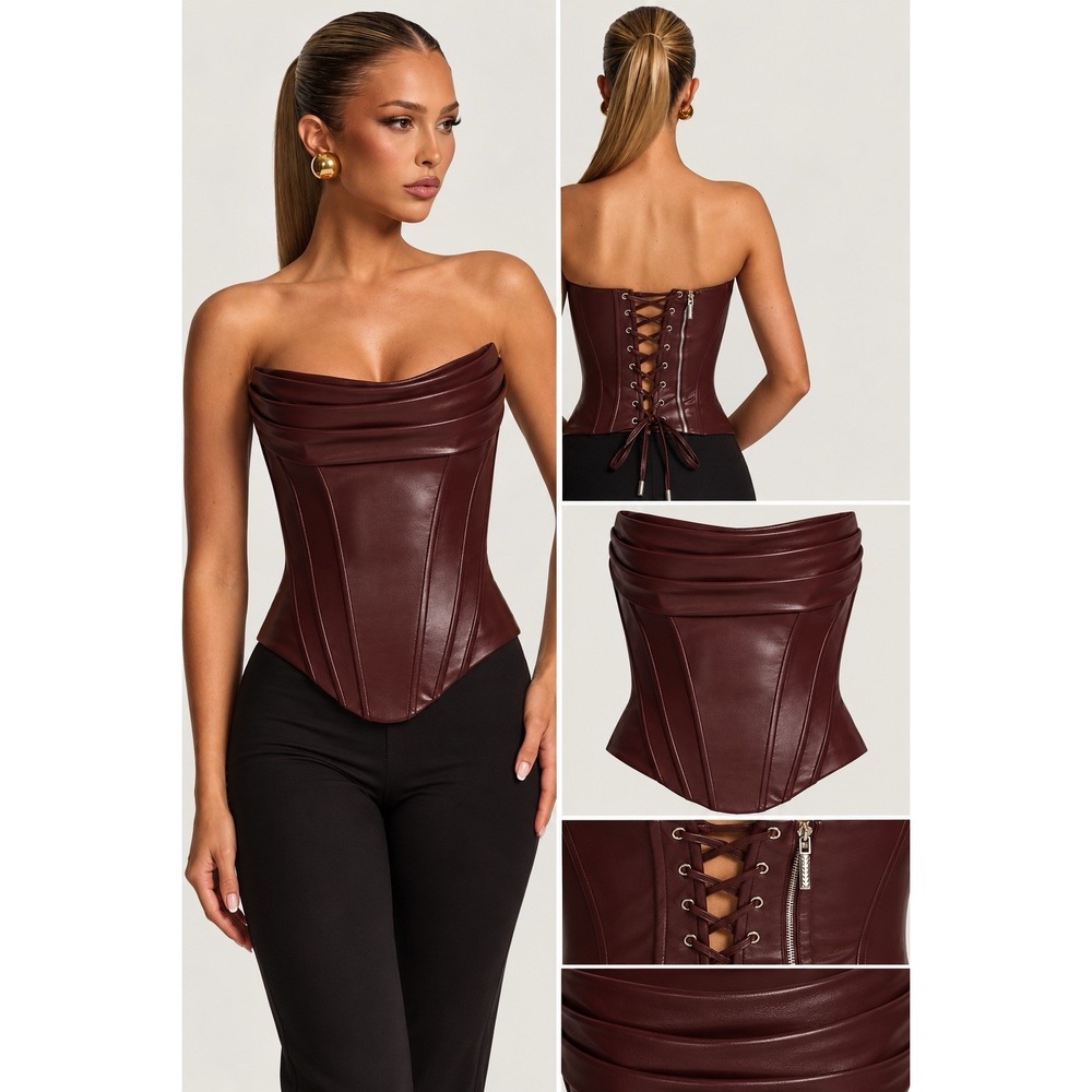 BABYBOO Elvina Corset Top Burgundy Faux Leather Lace Up Boned NWT M